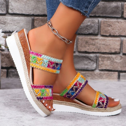 Fashion Wavy Pattern Woven Sandals Summer Casual Ethnic Style Slippers Linen Bottom Wide Strap Wedges Shoes For Women