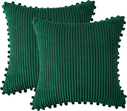 Emerald Green Throw Pillow Covers 18X18 Inch Soft Striped Decorative Boho Farmhouse Pillow Covers with Pom Poms for Couch Sofa Bed Outdoor Pack of 2