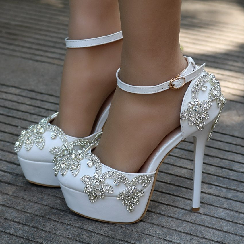 Large size white rhinestone wedding shoes single shoes women Beaded tassel chain high heel sandals waterproof platform word belt