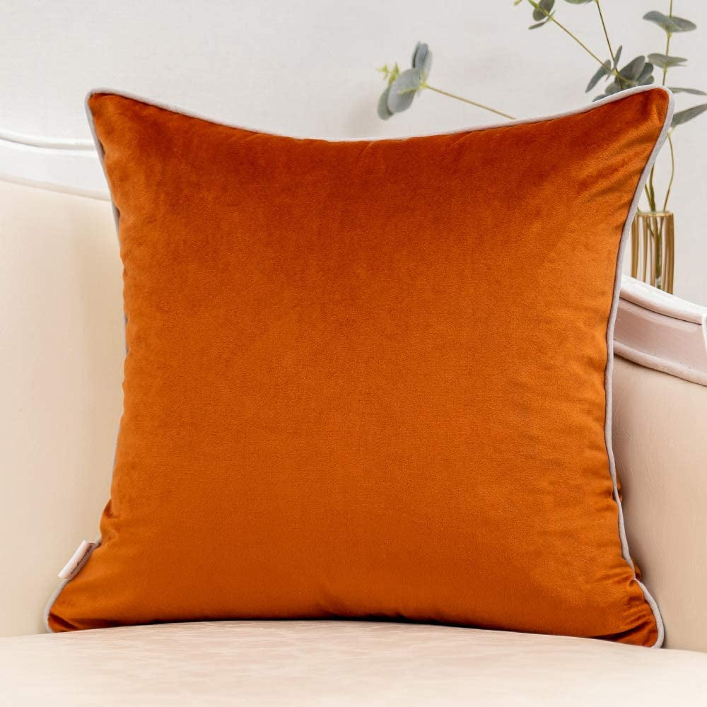 Burnt Orange Patchwork Velvet Throw Pillow Cover with Gold Striped Leather Cushion Case Modern Luxury Pillowcase for Sofa Couch Bedroom Living Room Home Decor,20"X20"