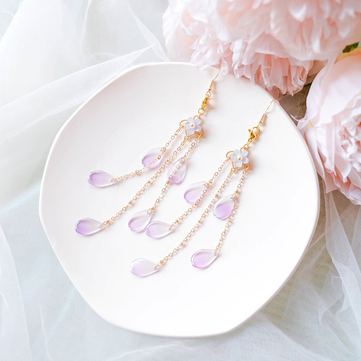 Okho Ice Purple Petals Tassel Long Earrings