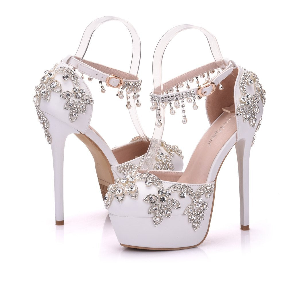 Large size white rhinestone wedding shoes single shoes women Beaded tassel chain high heel sandals waterproof platform word belt