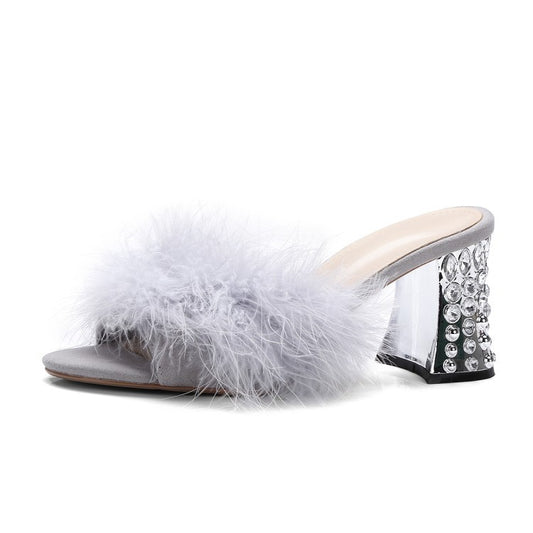 Sheep Reverse Leather Hand Stitched Ostrich Hair Round Head Rhinestone High Heel Women Sandals And Slippers Women Shoes