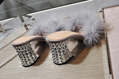 Sheep Reverse Leather Hand Stitched Ostrich Hair Round Head Rhinestone High Heel Women Sandals And Slippers Women Shoes