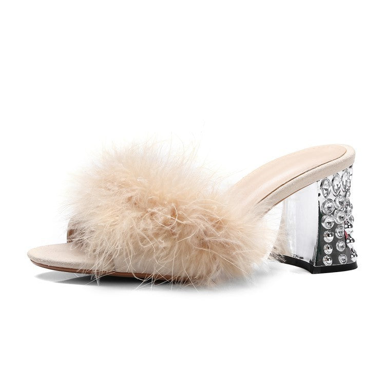 Sheep Reverse Leather Hand Stitched Ostrich Hair Round Head Rhinestone High Heel Women Sandals And Slippers Women Shoes