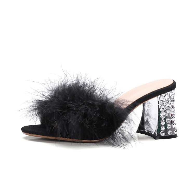 Sheep Reverse Leather Hand Stitched Ostrich Hair Round Head Rhinestone High Heel Women Sandals And Slippers Women Shoes