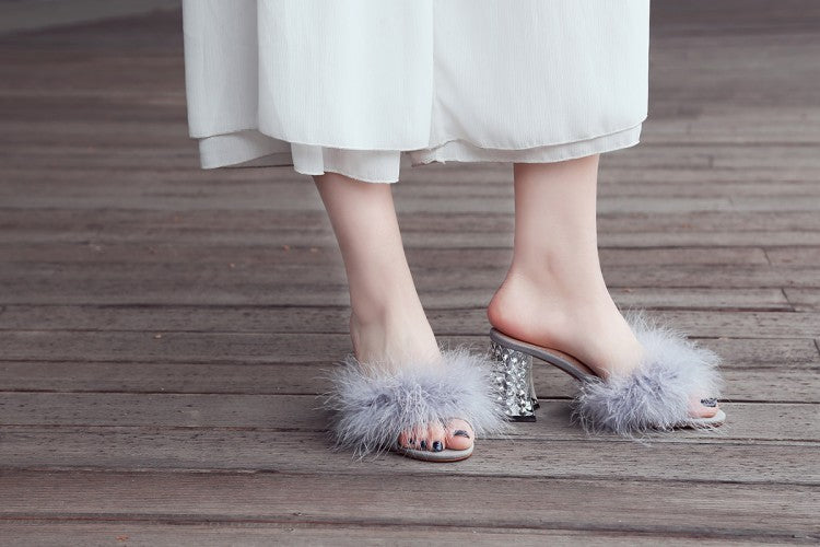 Sheep Reverse Leather Hand Stitched Ostrich Hair Round Head Rhinestone High Heel Women Sandals And Slippers Women Shoes