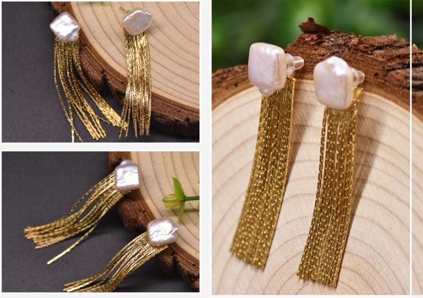 Natural Baroque Tassel Earrings Women's Fashion All-match Show Thin Face