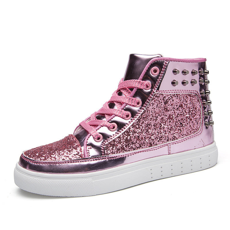 Women High Top Sneakers Sequins Rivet Lurex Glitter High-Cut Round Toe Lace-Up Shoes Outdoor Skateboard Shiny Flat Sneakers