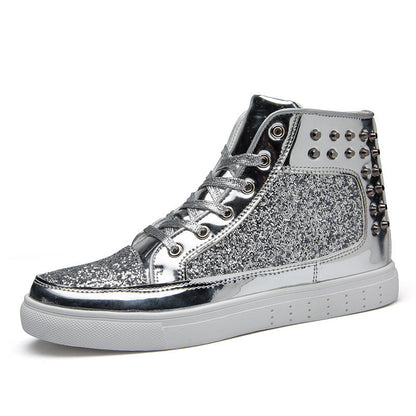 Women High Top Sneakers Sequins Rivet Lurex Glitter High-Cut Round Toe Lace-Up Shoes Outdoor Skateboard Shiny Flat Sneakers