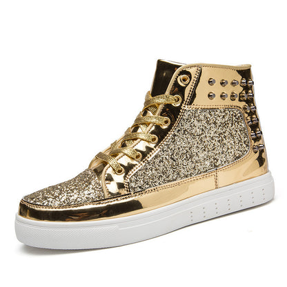 Women High Top Sneakers Sequins Rivet Lurex Glitter High-Cut Round Toe Lace-Up Shoes Outdoor Skateboard Shiny Flat Sneakers