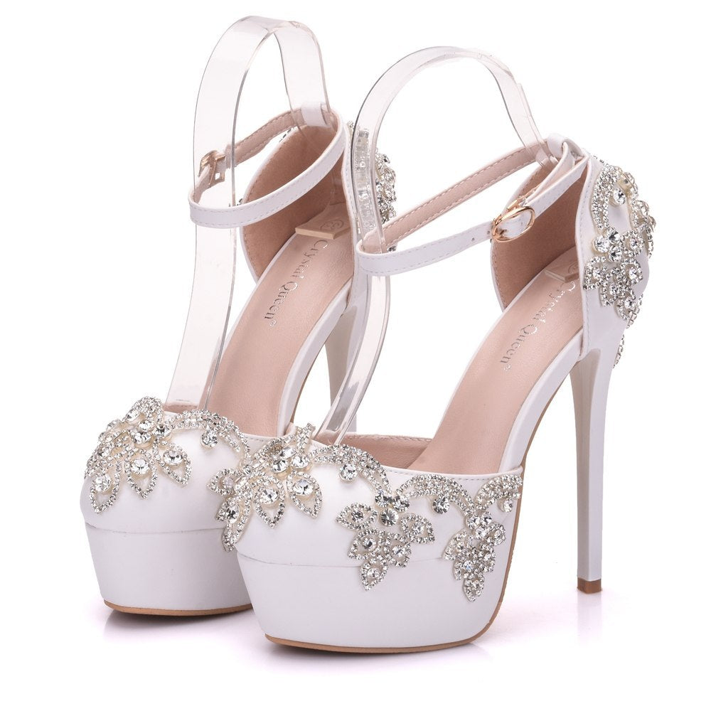 Large size white rhinestone wedding shoes single shoes women Beaded tassel chain high heel sandals waterproof platform word belt