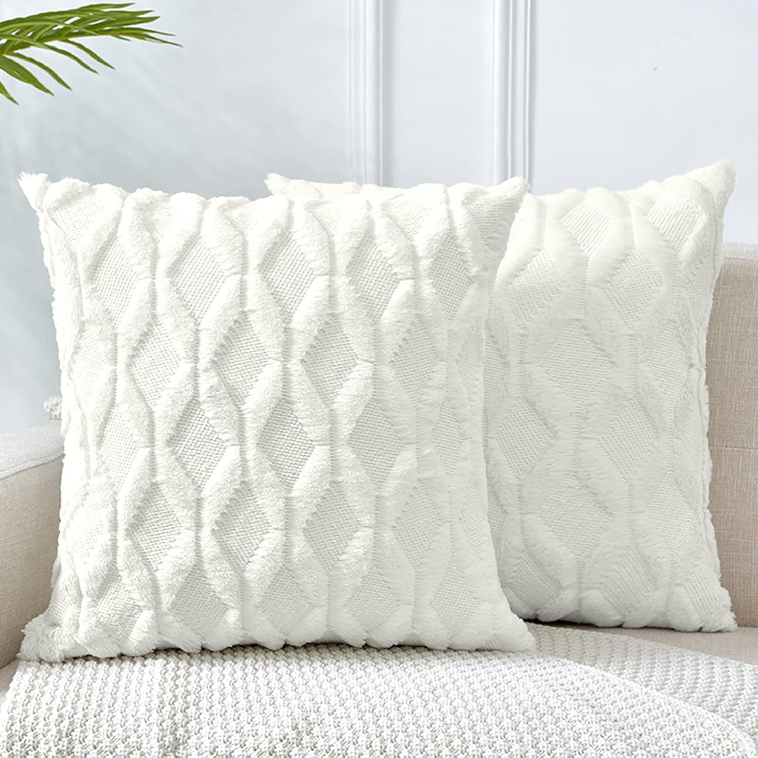 Throw Pillow Covers 20X20, off White Decorative Pillow Case Cushion Cover with Velvet Luxury Soft Plush Short Wool for Couch Sofa Bedroom Car, Set of 2