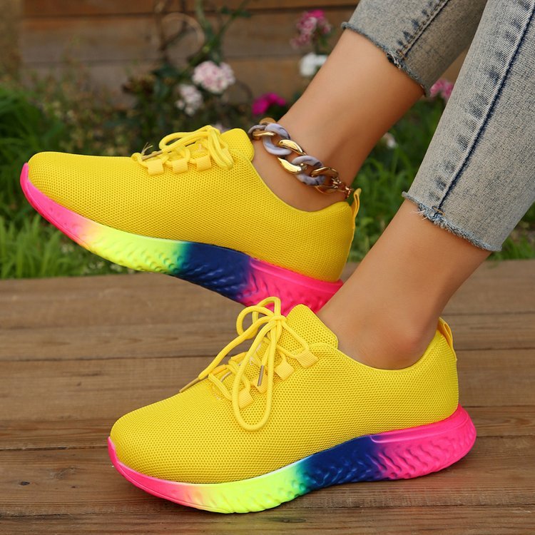 Lace-up Mesh Shoes With Rainbow Sole Design Fashion Walking Running Sports Shoes Sneakers For Women