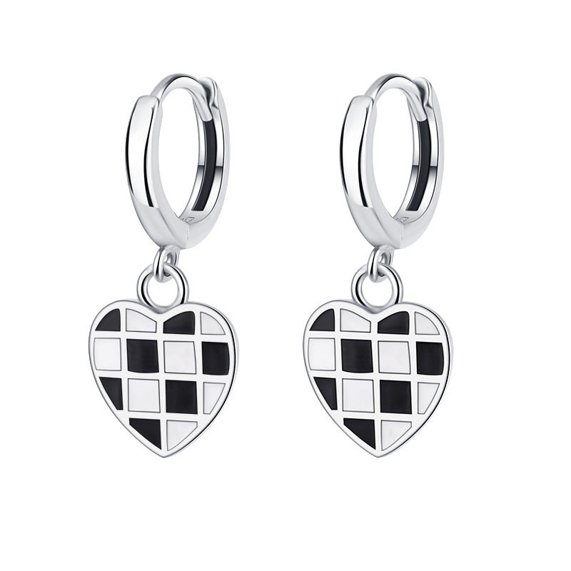 All Over 925 Sterling Silver Heart Chessboard Latch Earrings Black And White Oil Drop Process Earrings