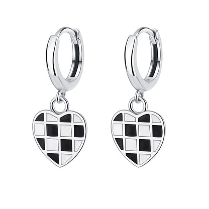 All Over 925 Sterling Silver Heart Chessboard Latch Earrings Black And White Oil Drop Process Earrings