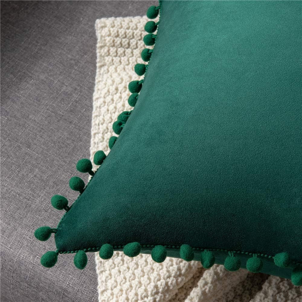 Decorative Pillow Covers 18X18 Green: 2 Pack Cozy Soft Pom-Poms Velvet Square Throw Pillow Cases for Farmhouse Home Decor