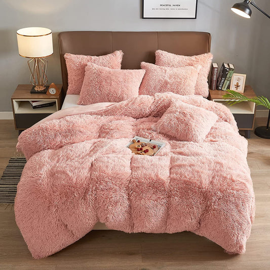 Luxury Fluffy Fuzzy King Bedding Comforter Set?4 Pieces Shaggy Duvet Cover Set?Furry Plush Velvet Comforter Cover with Zip Closure?King?Pink