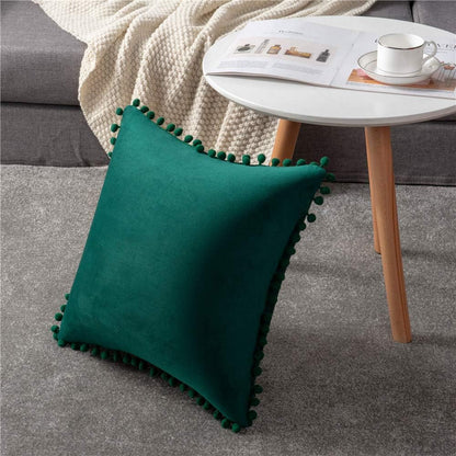 Decorative Pillow Covers 18X18 Green: 2 Pack Cozy Soft Pom-Poms Velvet Square Throw Pillow Cases for Farmhouse Home Decor