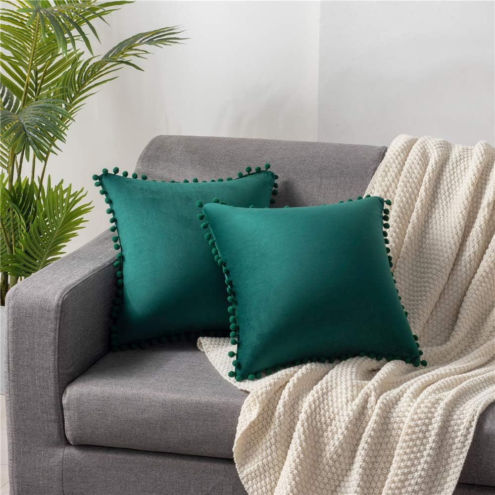 Decorative Pillow Covers 18X18 Green: 2 Pack Cozy Soft Pom-Poms Velvet Square Throw Pillow Cases for Farmhouse Home Decor