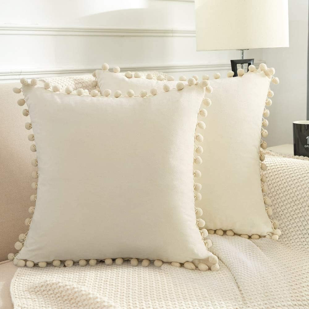 Decorative Throw Pillow Covers with Pom Poms, Pack of 2 Soft Particles Velvet Pillow Cases Square Cushion Covers for Couch Bedroom Car Sofa Outdoors 18X18 Cream White