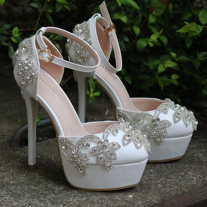 Large size white rhinestone wedding shoes single shoes women Beaded tassel chain high heel sandals waterproof platform word belt