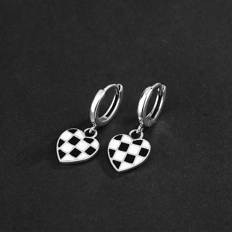 All Over 925 Sterling Silver Heart Chessboard Latch Earrings Black And White Oil Drop Process Earrings