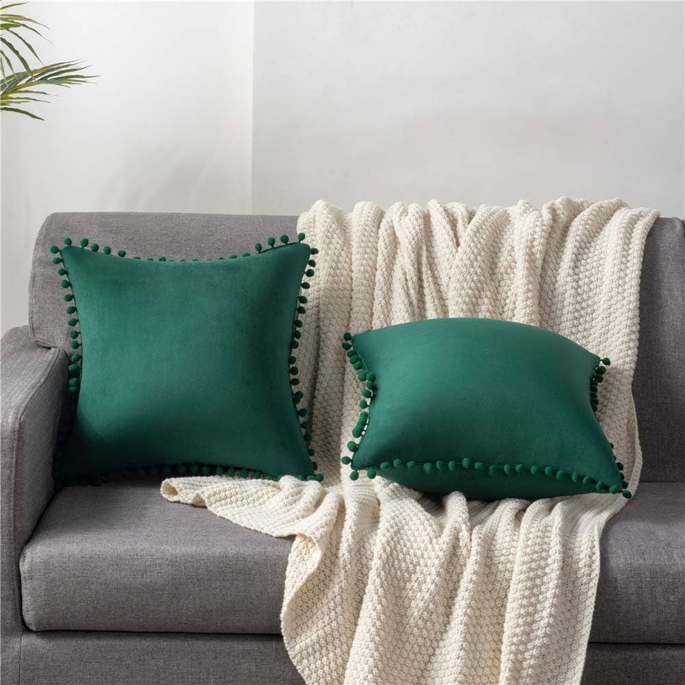 Decorative Pillow Covers 18X18 Green: 2 Pack Cozy Soft Pom-Poms Velvet Square Throw Pillow Cases for Farmhouse Home Decor