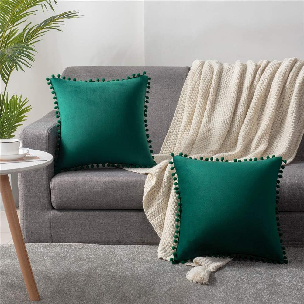 Decorative Pillow Covers 18X18 Green: 2 Pack Cozy Soft Pom-Poms Velvet Square Throw Pillow Cases for Farmhouse Home Decor