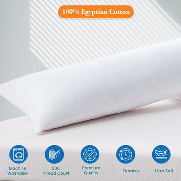 Body Pillowcase Cover 100% Soft Egyptian Cotton with Zipper Closure Pillow Case Set of 1 PC 500 Thread Count Body Pillow Cover 20X72 Inch, White