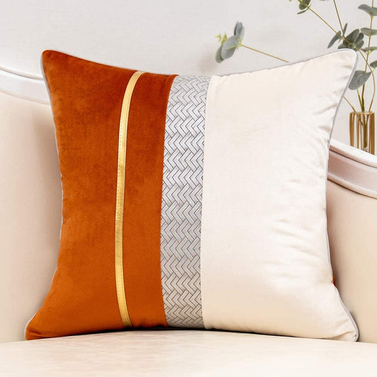 Burnt Orange Patchwork Velvet Throw Pillow Cover with Gold Striped Leather Cushion Case Modern Luxury Pillowcase for Sofa Couch Bedroom Living Room Home Decor,20"X20"