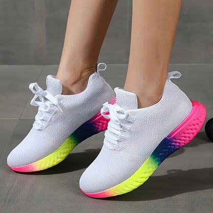 Lace-up Mesh Shoes With Rainbow Sole Design Fashion Walking Running Sports Shoes Sneakers For Women