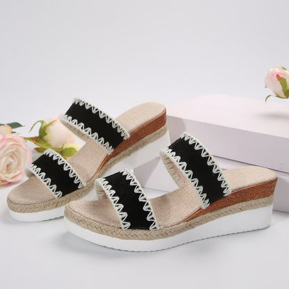 New Hemp Rope Woven Wedge Slippers Summer Ethnic Style Sandals Double Wide Strappy Shoes For Women