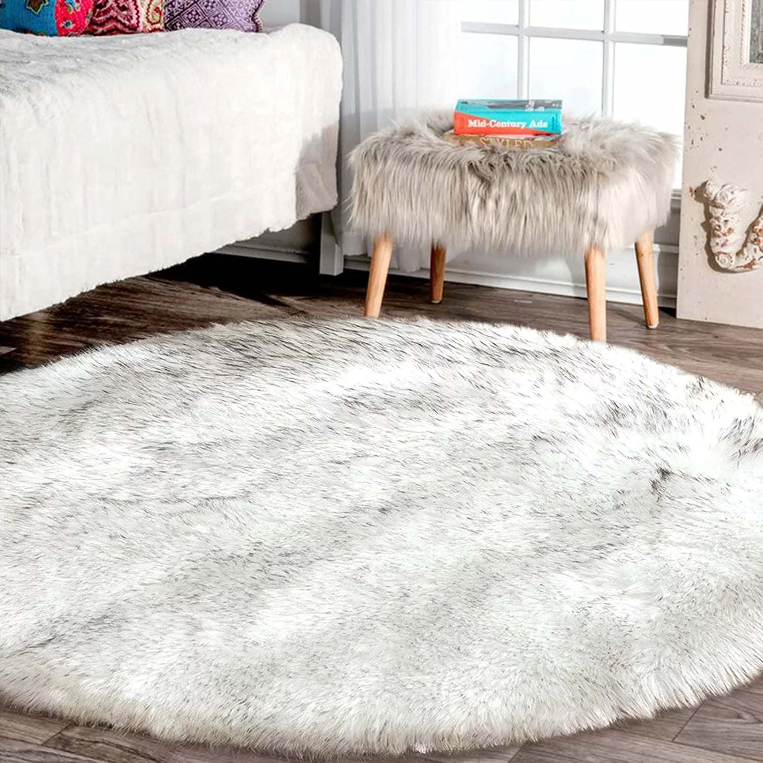 Large Circle Area Rugs for Living Room round Rug 8Ft Fluffy Bedroom Rug White with Grey Tips Shaggy Rug Washable Shag Rug Faux Fur Rug Fuzzy Rug for Floor Plush Rug