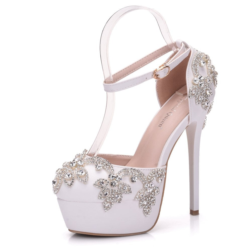 Large size white rhinestone wedding shoes single shoes women Beaded tassel chain high heel sandals waterproof platform word belt