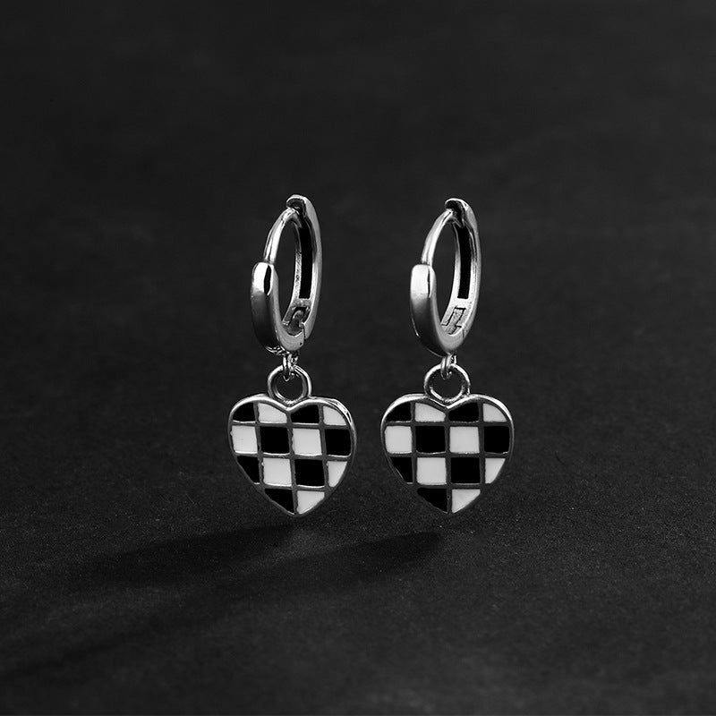 All Over 925 Sterling Silver Heart Chessboard Latch Earrings Black And White Oil Drop Process Earrings