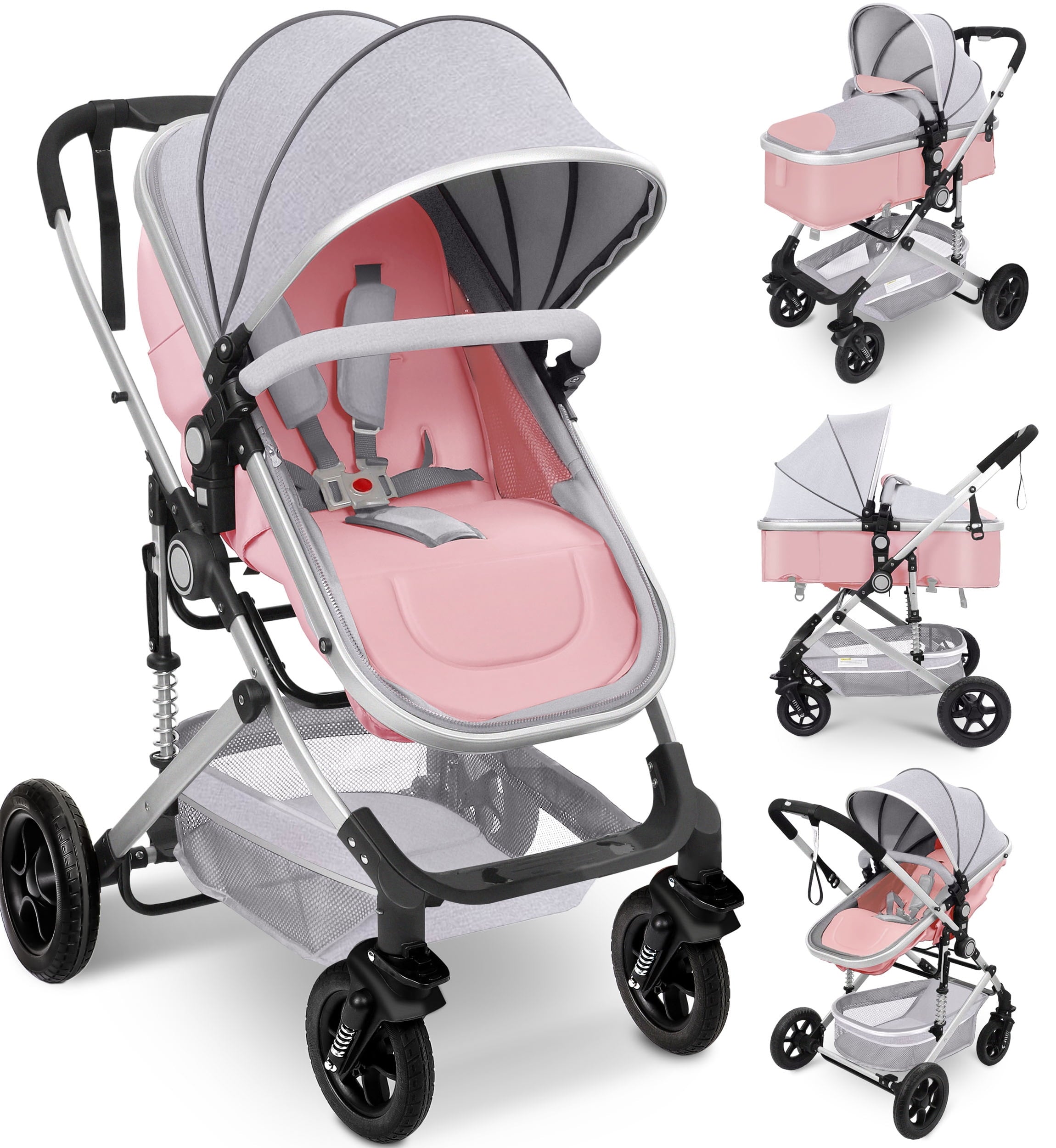 Baby Stroller, Foldable Baby Stroller Reversible Bassinet, Travel Stroller for Newborn Baby, Pink