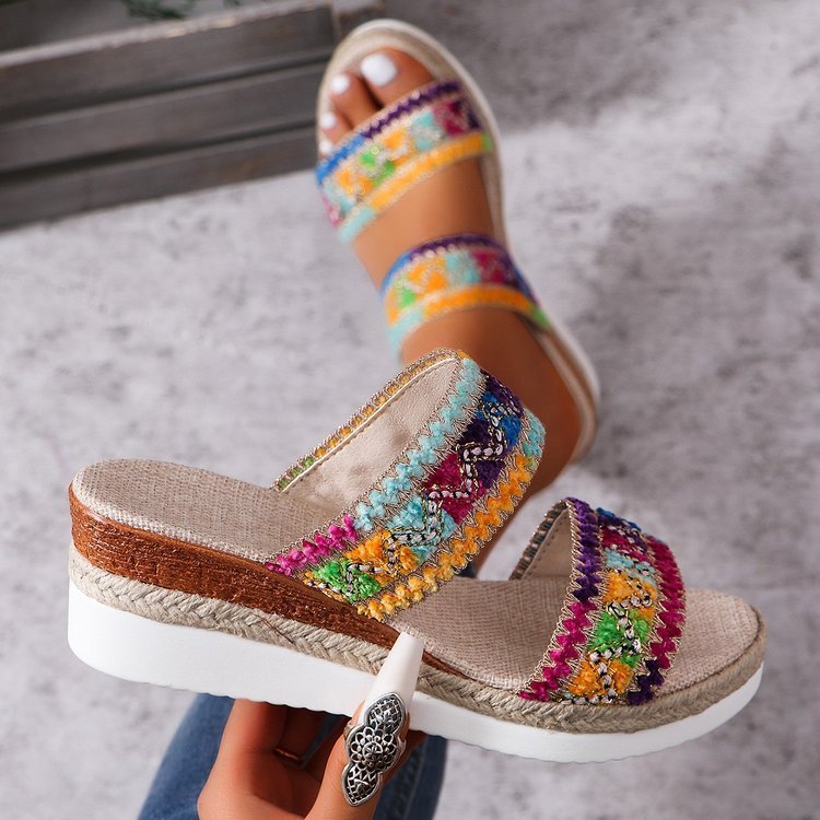 Fashion Wavy Pattern Woven Sandals Summer Casual Ethnic Style Slippers Linen Bottom Wide Strap Wedges Shoes For Women