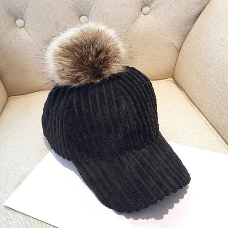 2019 Corduroy Hair Ball Autumn Winter Women Hat Cap Adjustable Fashion Style Baseball Caps Streetwear Casual Warm Female Hat