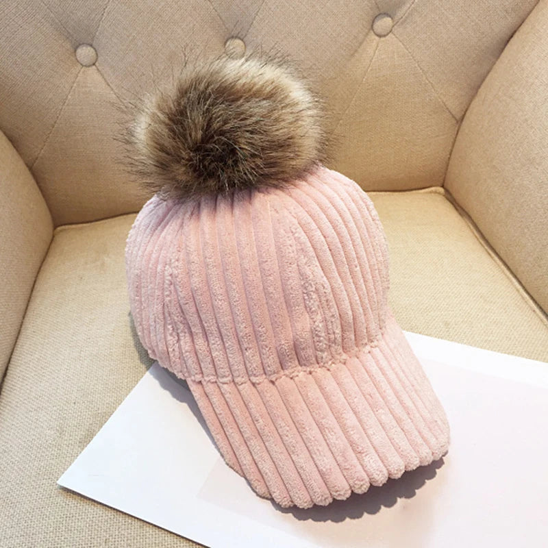 2019 Corduroy Hair Ball Autumn Winter Women Hat Cap Adjustable Fashion Style Baseball Caps Streetwear Casual Warm Female Hat