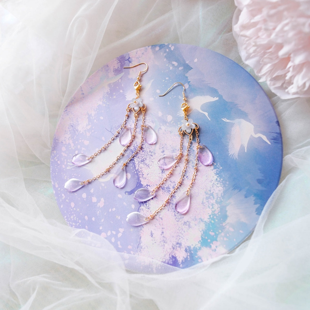 Okho Ice Purple Petals Tassel Long Earrings