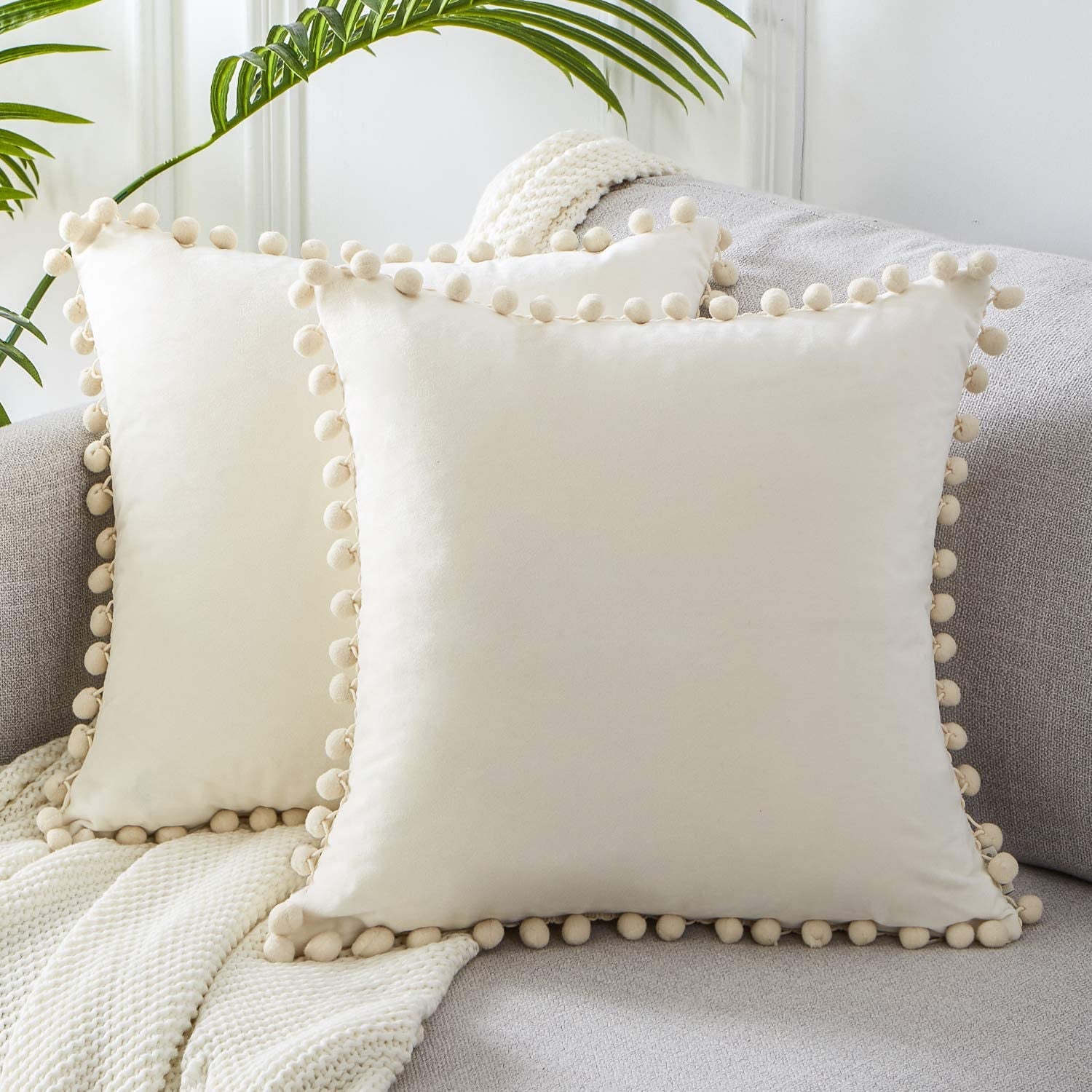 l Decorative Throw Pillow Covers 18X18 Set of 2, Cream White Couch Square Pillow Covers for Sofa Bed, Soft Velvet Cushion Covers with Pom Poms for Livingroom Bedroom Modern Home Decor