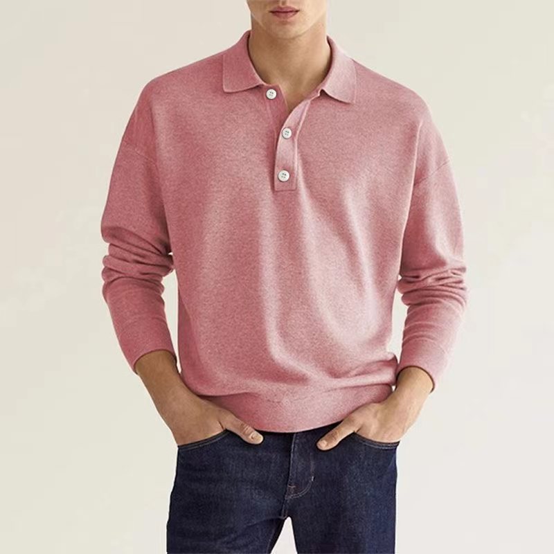 Spring Long Sleeve V-neck Button Men's Casual Top Polo Shirt