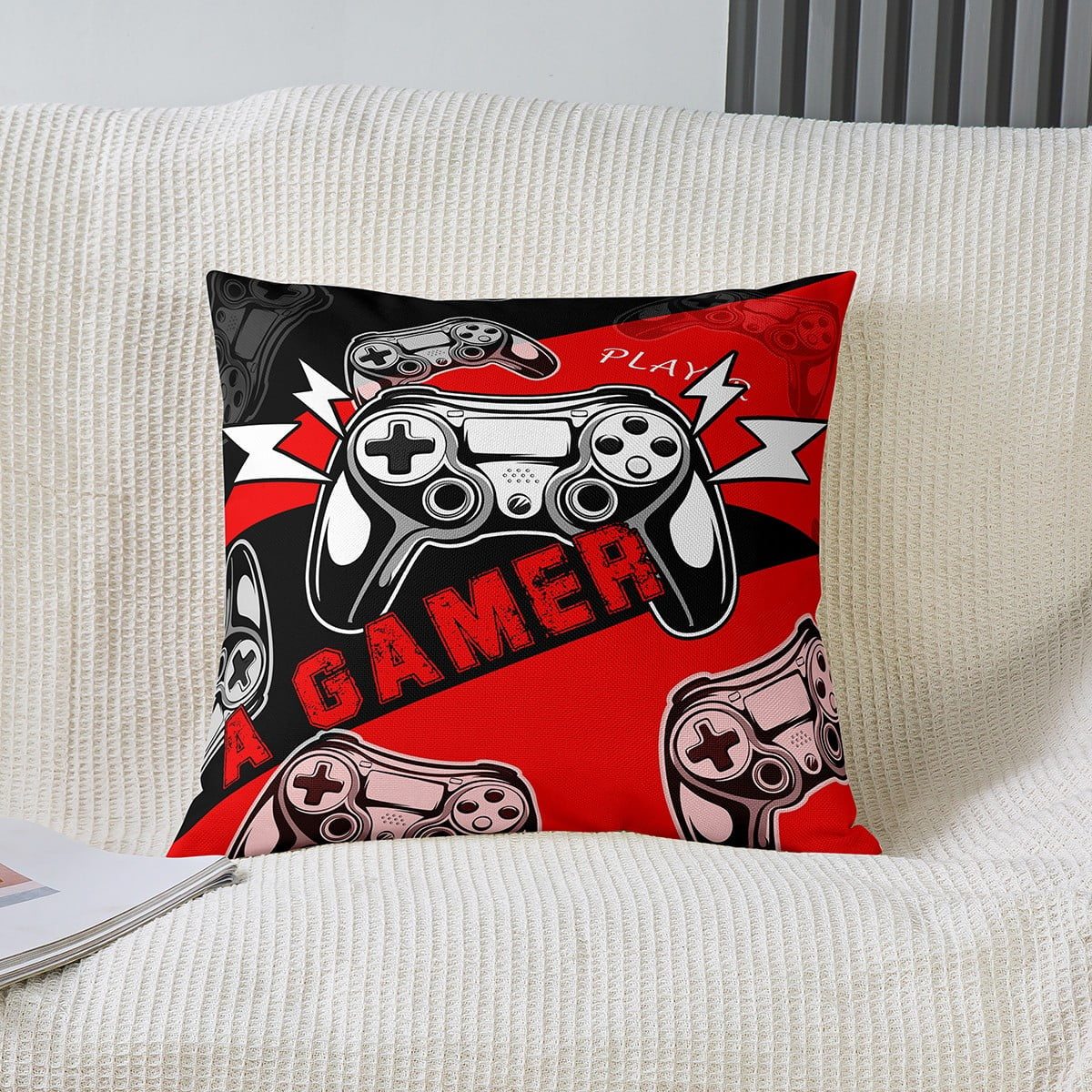 Gamer Pillow Cover for Boys Girls Kids Teens,Video Game Throw Pillow Cover 24X24 Inch,Gaming Cushion Cover Gamer Room Decor,Red Black Gamepad Controller Decorative Pillow Cover