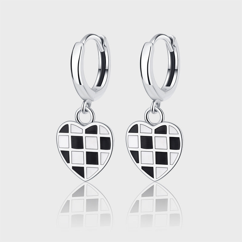 All Over 925 Sterling Silver Heart Chessboard Latch Earrings Black And White Oil Drop Process Earrings