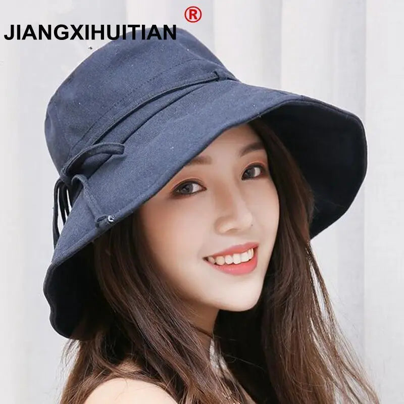 2019 New Cotton Beach Bow Hats for Women Hat Female Lady Bucket Hat Hat Summer Woman Anti-Uv Panama Summer Sun Cap Viseira