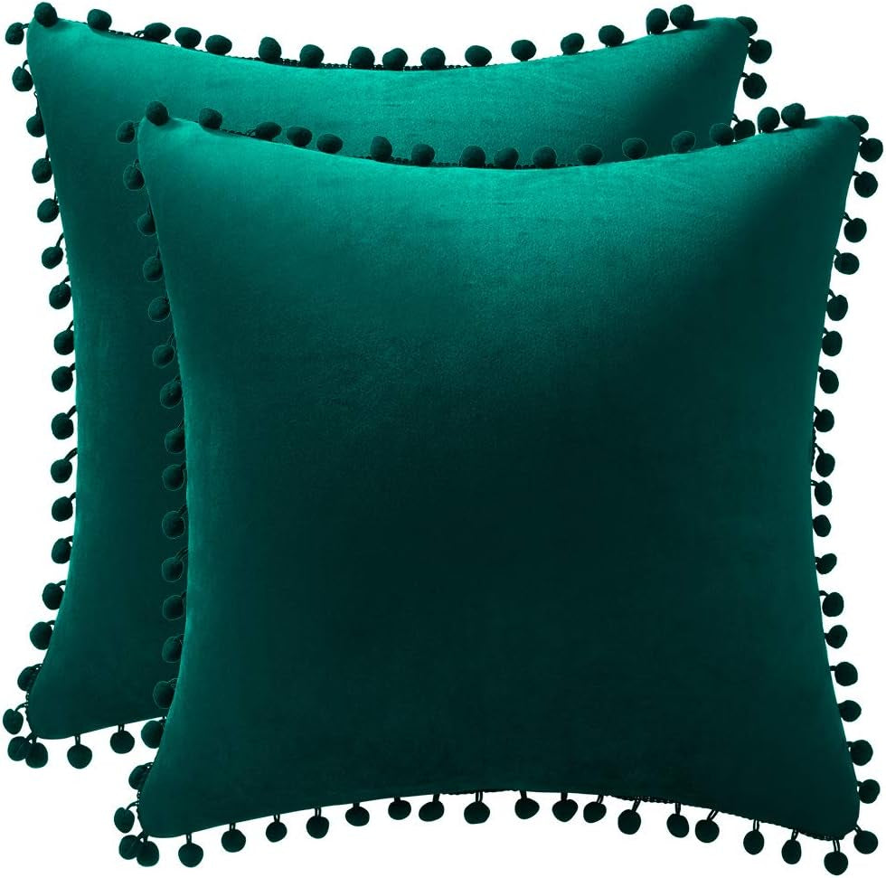 Decorative Pillow Covers 18X18 Green: 2 Pack Cozy Soft Pom-Poms Velvet Square Throw Pillow Cases for Farmhouse Home Decor