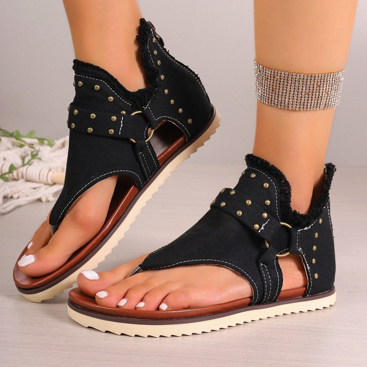 Denim Thong Sandals With Rear Zipper Summer Retro Beach Flat Shoes For Women